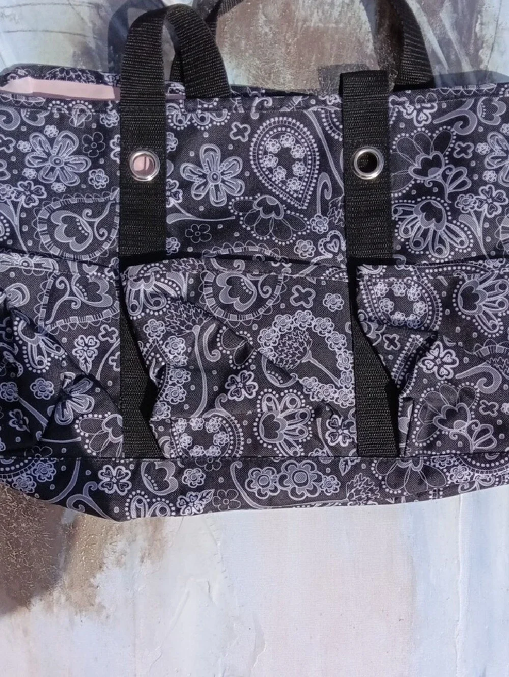 Black Vintage Paisley Tote with Pink Monogram, By Thirty One - Picture 4 of 6